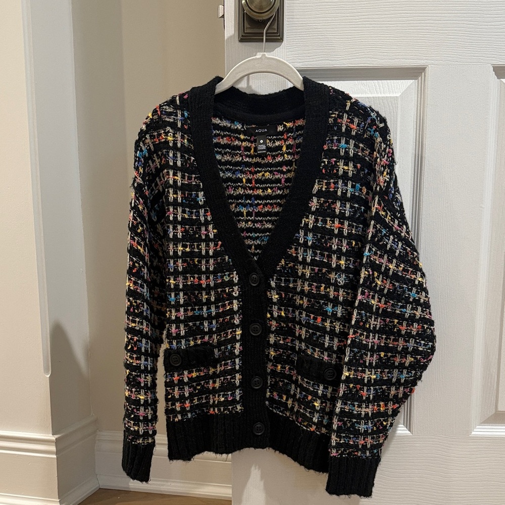 Aqua Multicolor Knit Cardigan with Black Trim